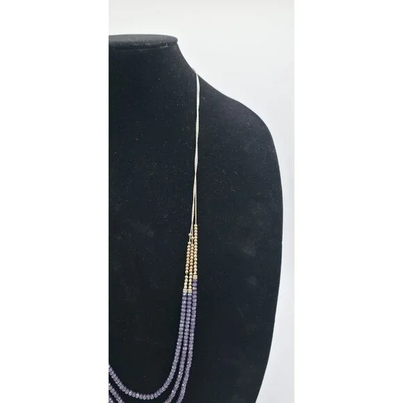 Layered Purple & Gold Beaded Statement Necklace With Elegant Tassel Design - Picture 4 of 5